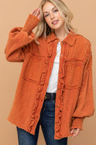 And The Why Everyday Persimmon Cotton Smocked Ruffle Detail Shacket