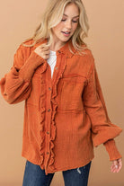 And The Why Everyday Persimmon Cotton Smocked Ruffle Detail Shacket