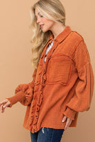 And The Why Everyday Persimmon Cotton Smocked Ruffle Detail Shacket