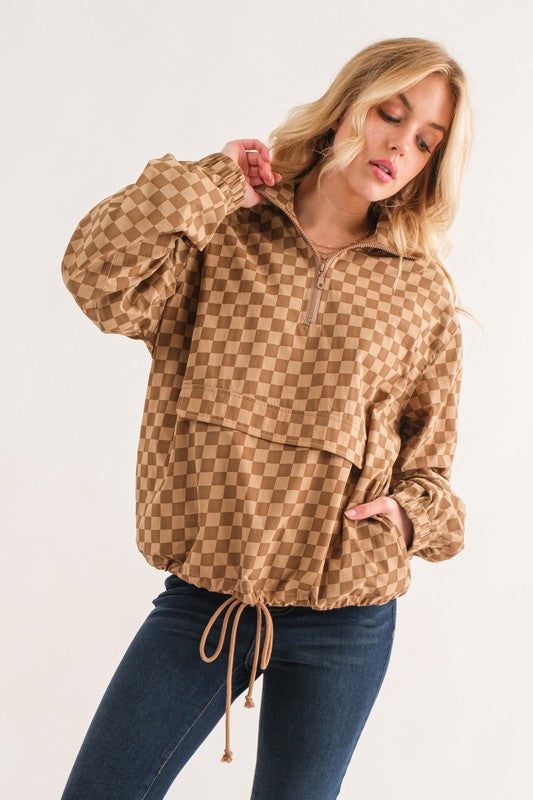 And The Why Plus Size Mocha Checker Zip Jacket 3X