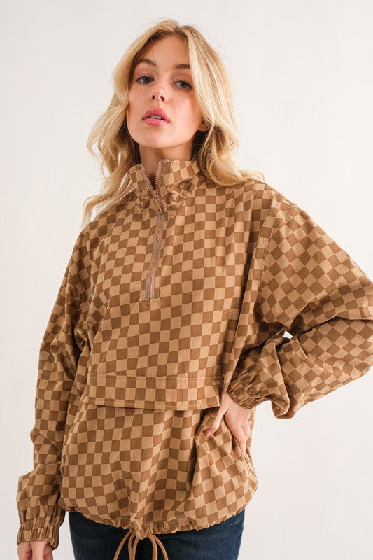 And The Why Plus Size Mocha Checker Zip Jacket