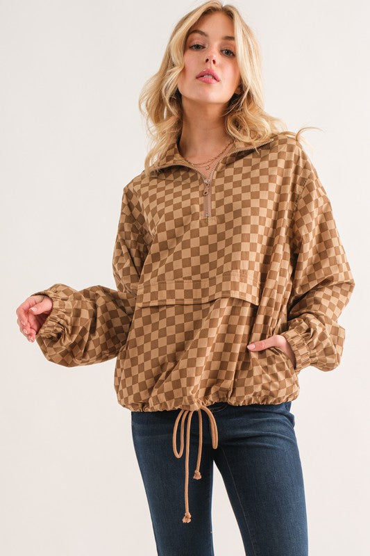 And The Why Plus Size Mocha Checker Zip Jacket