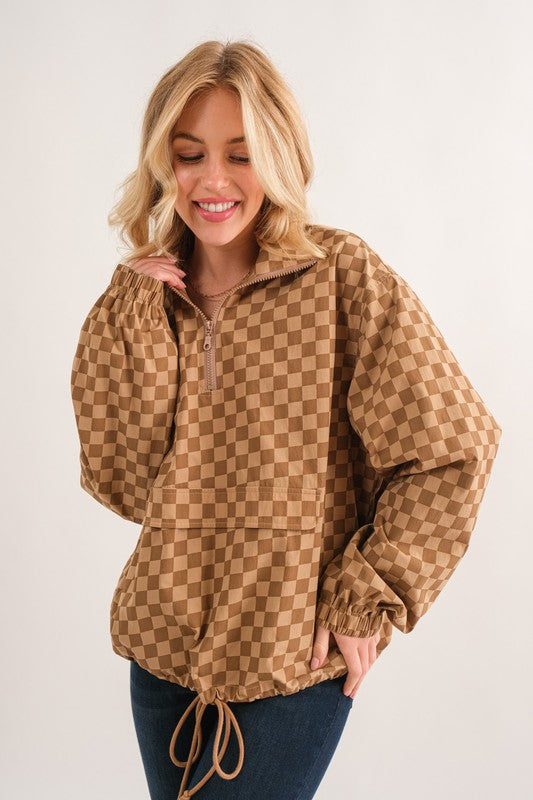 And The Why Plus Size Mocha Checker Zip Jacket