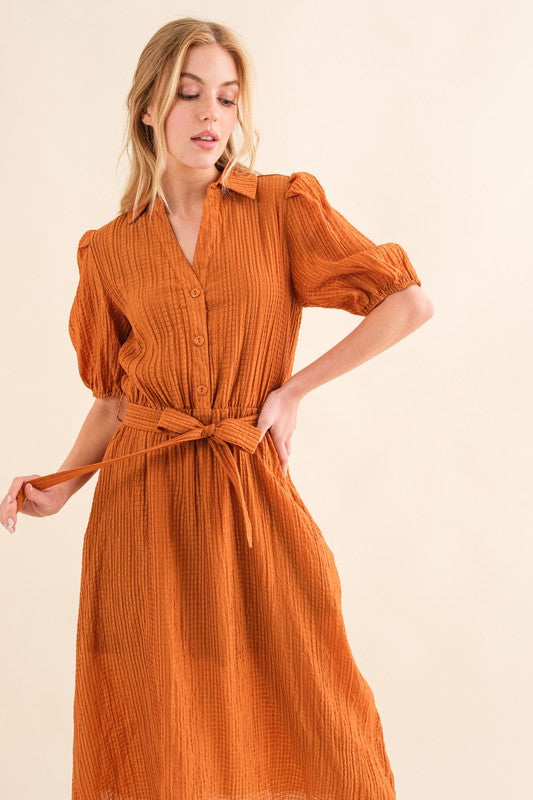 And The Why Rust Textured Short Sleeve Tie Belt Dress