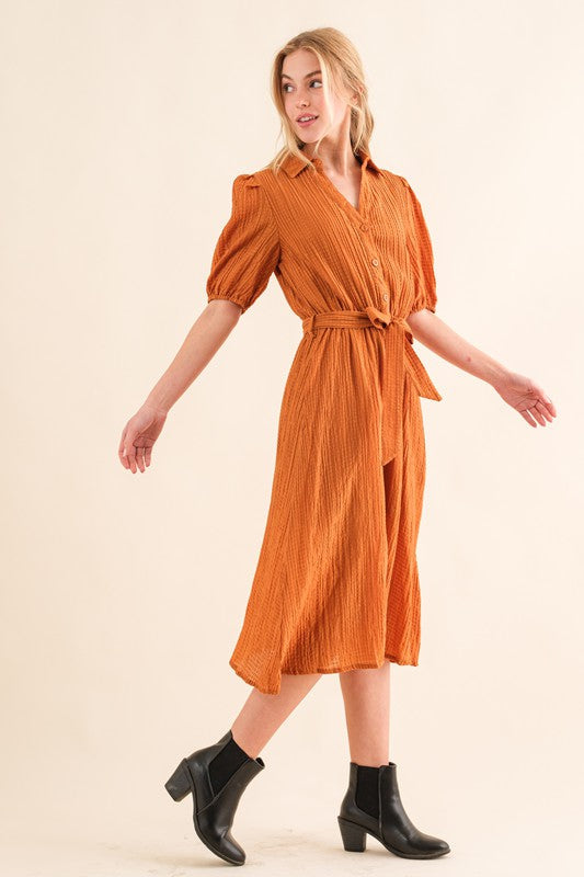 And The Why Rust Textured Short Sleeve Tie Belt Dress
