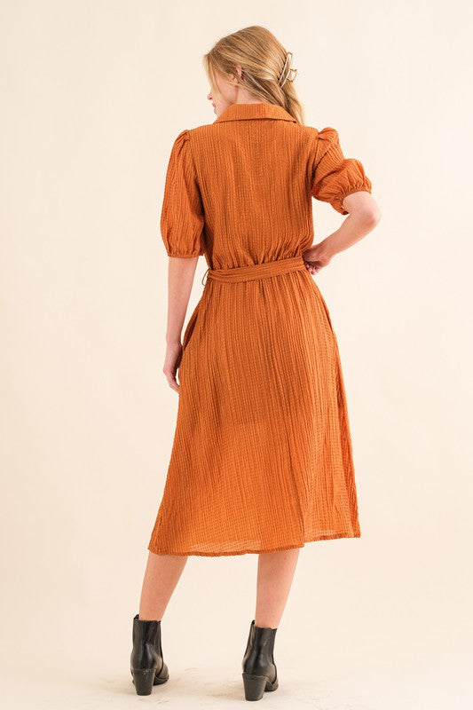 And The Why Rust Textured Short Sleeve Tie Belt Dress