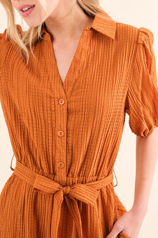 And The Why Rust Textured Short Sleeve Tie Belt Dress