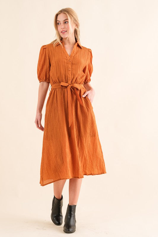 And The Why Rust Textured Short Sleeve Tie Belt Dress