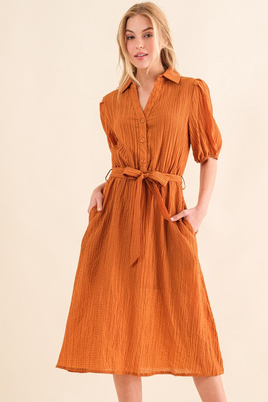 And The Why Rust Textured Short Sleeve Tie Belt Dress