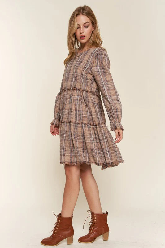 And The Why Brown Multi Plaid Tiered Long Sleeve Dress