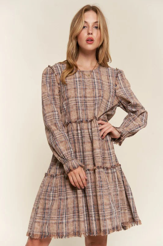 And The Why Brown Multi Plaid Tiered Long Sleeve Dress