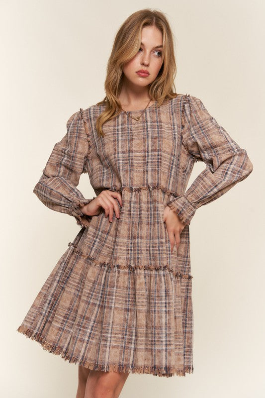 And The Why Brown Multi Plaid Tiered Long Sleeve Dress 3X