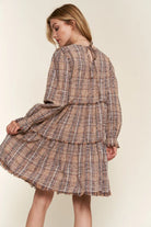 And The Why Brown Multi Plaid Tiered Long Sleeve Dress