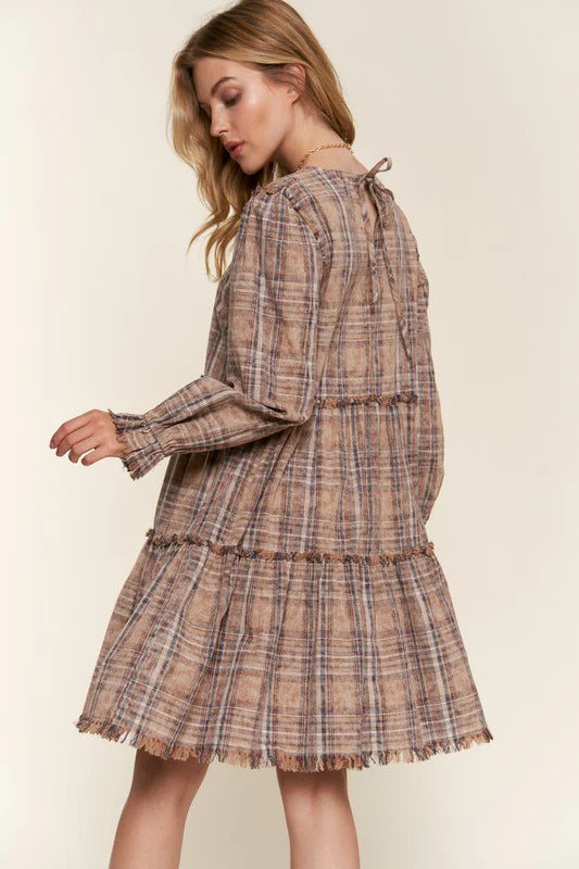 And The Why Brown Multi Plaid Tiered Long Sleeve Dress