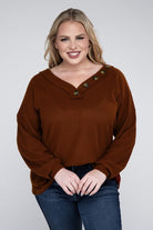 Zenana Plus Brushed Waffle V-Neck Button Detail Sweater ZENANA