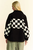 Davi & Dani Black Checkered Snap Down Faux Fur Jacket Trendsi