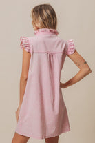 BiBi Blush Pink Washed Button Down Ruffled Cap Sleeve Denim Dress