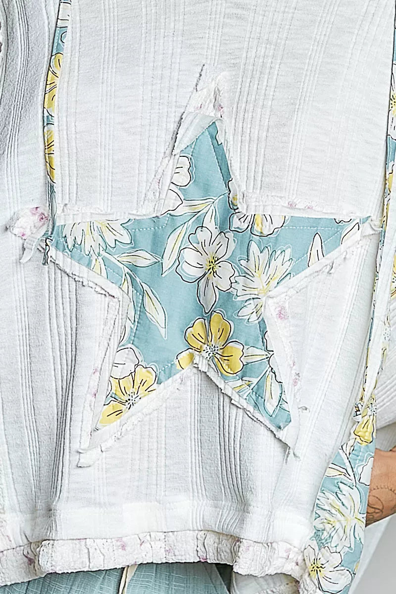 POL Off White Floral Star Patch Hooded Blouse with Lace Contrast Detail