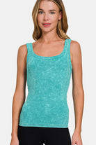 Zenana Teal Stone Washed Ribbed Scoop Neck Tank Top Teal