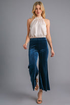 Umgee Peacock Blue Velvet High Rise Elastic Waist Flare Pants Pants