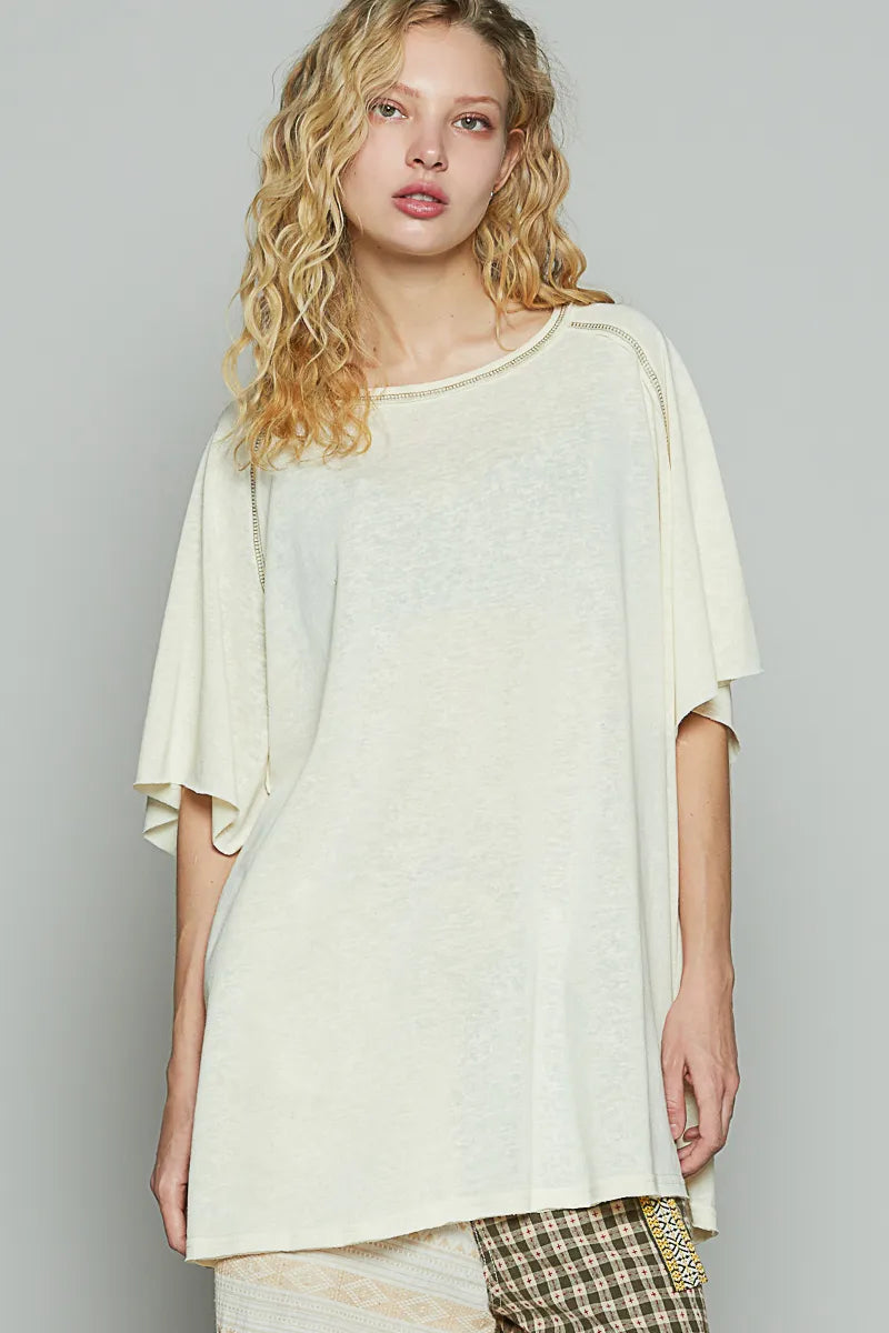 POL Custard Contrast Stitching Jersey Knit Short Sleeve Oversized T-Shirt CUSTARD