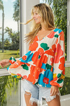 BiBi Floral Woven Tiered V Neck Top