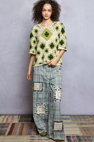 POL Olive Multi Round Neck Short Sleeve Color Pattern Crochet Top with Border Accents