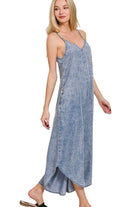 Zenana Medium Indigo Lyocell Acid-Washed Jumpsuit