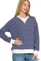 Zenana Navy Contrast Striped Round Neck Sweatshirt