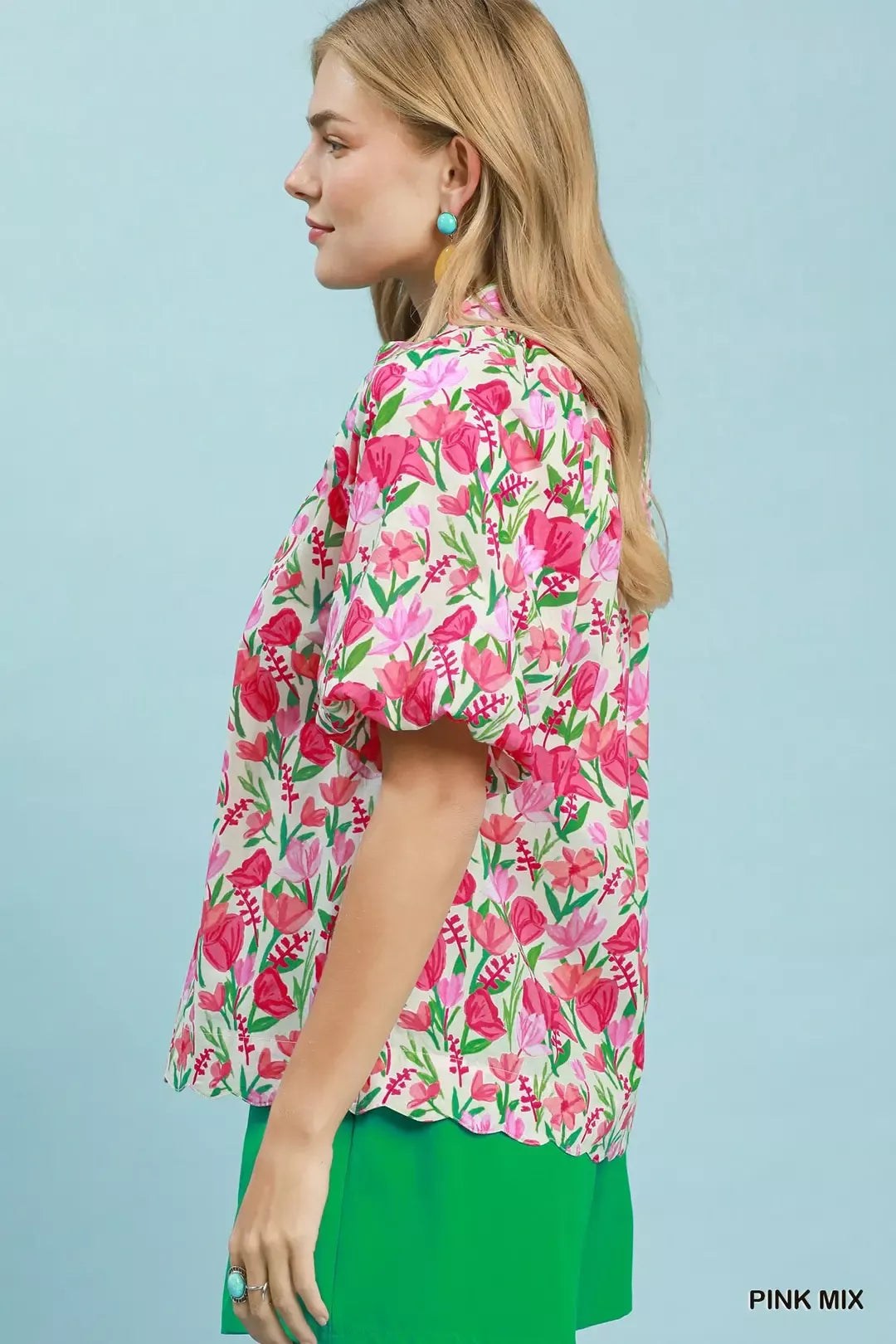 Umgee Pink Mix Floral Puff Sleeve Blouse with Scalloped Details