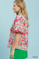 Umgee Pink Mix Floral Puff Sleeve Blouse with Scalloped Details