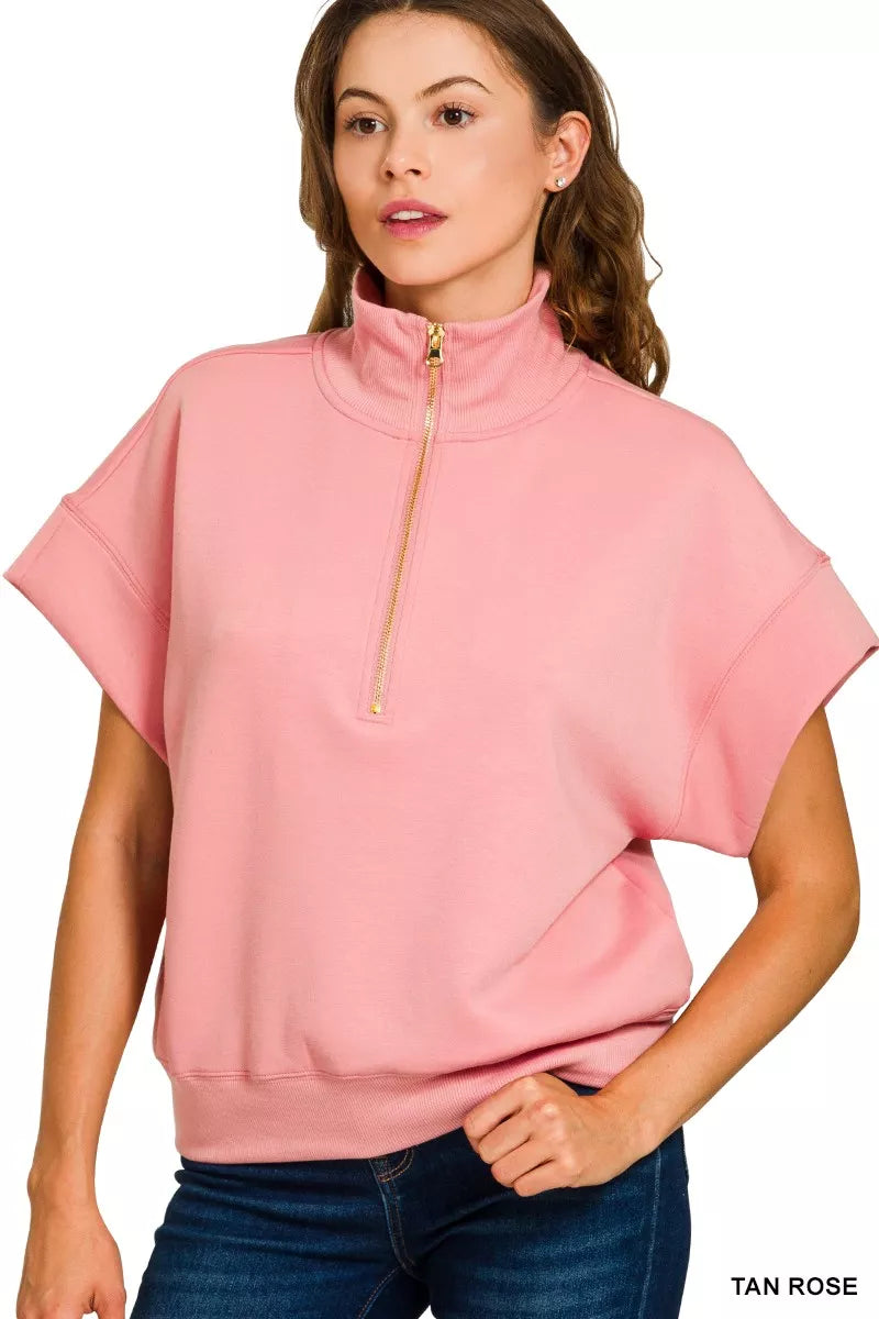 Zenana Tan Rose Scuba High Neck Half Zip Short Sleeve Top