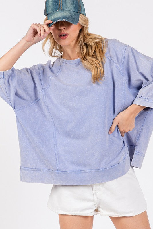 SAGE + FIG Blue Purple Mineral Washed Side Slit Round Neck Sweatshirt