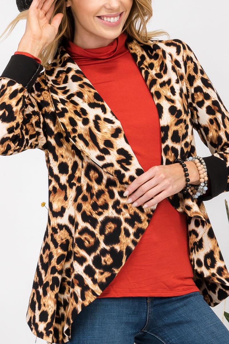 Celeste Leopard Open Front Long Sleeve Blazer Trendsi