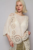 POL Natural Round Neck Crochet Top with Floral Embroidery Detail NATURAL One Size