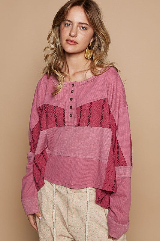 POL Cerise Half Button Color Block Drop Shoulder Knit Top Shirts & Tops