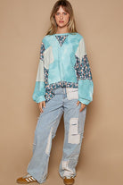 POL Teal Floral Patchwork Round Neck Knit Top Shirts & Tops