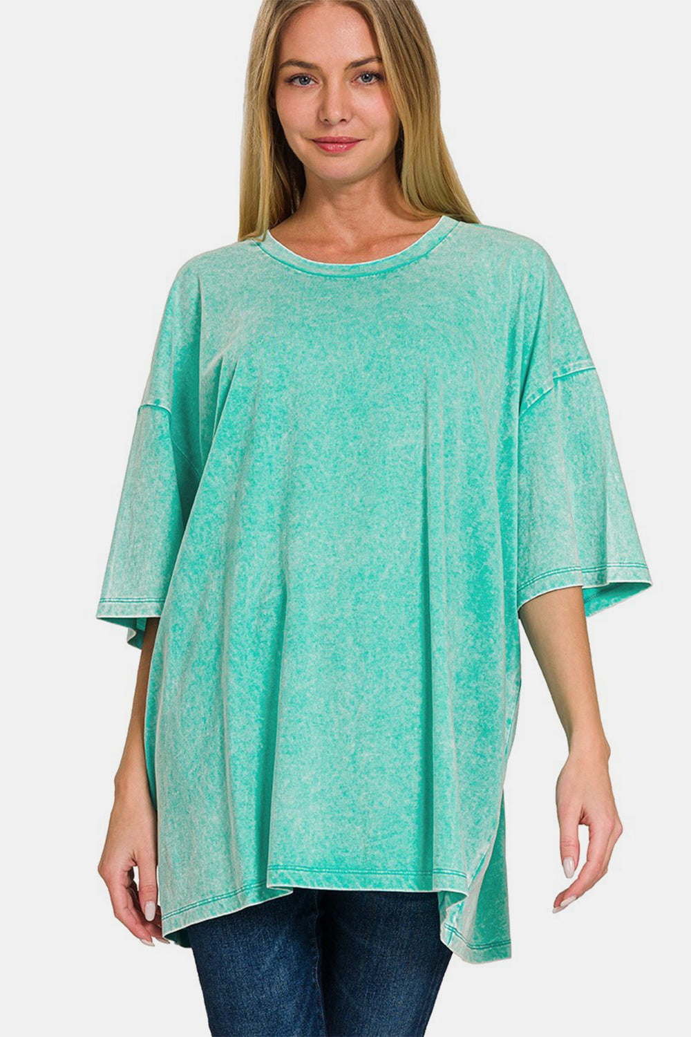 Zenana Turqoise Washed Round Neck Drop Shoulder Oversized T-Shirt Turquoise Shirts & Tops