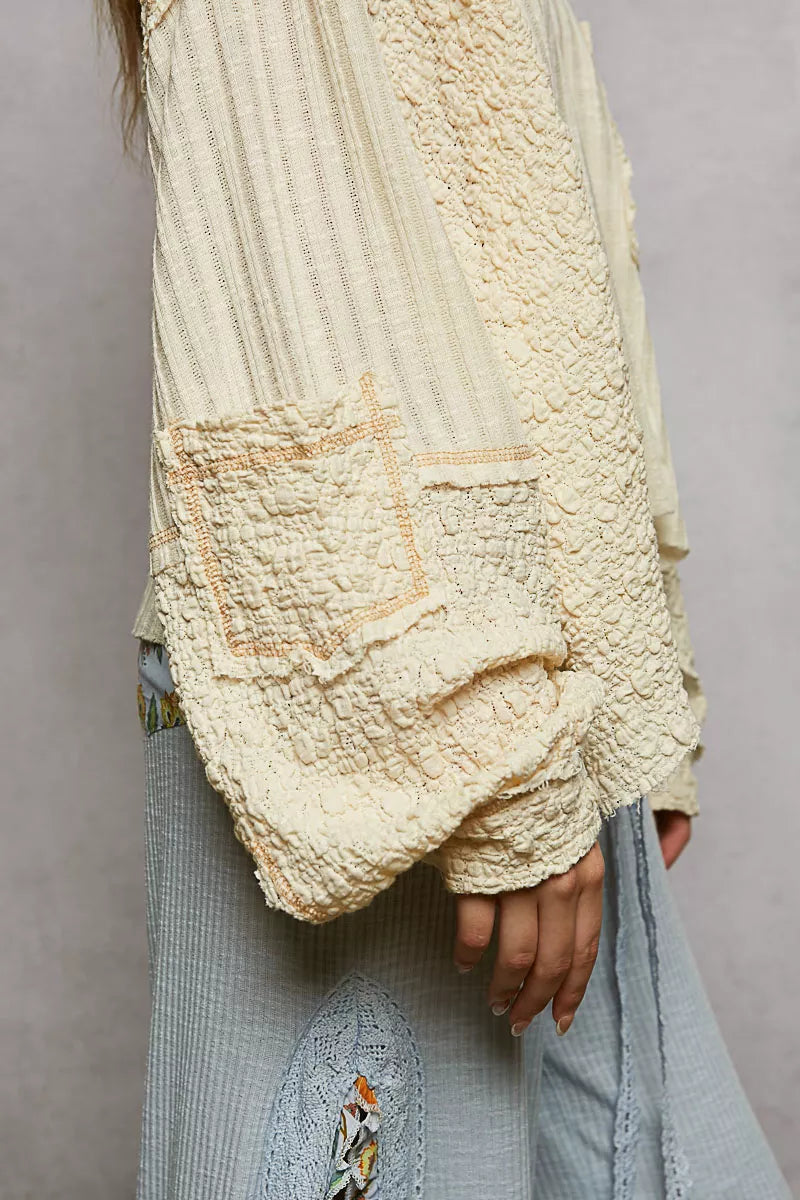 POL Natural V-Neck Long Sleeve Top with Stitch Detail