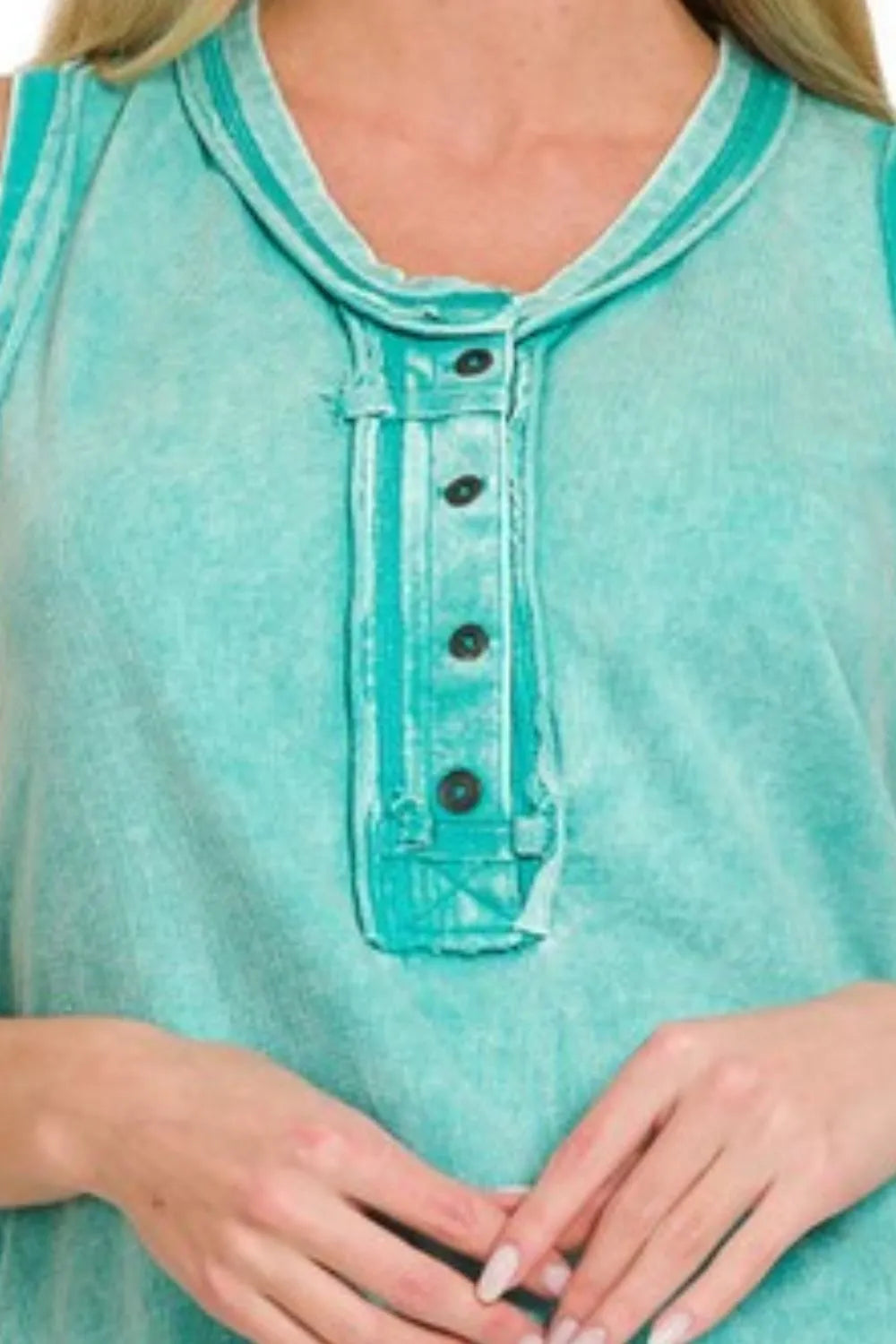 Zenana Turquoise Washed Half-Button Raw Edge Sleeveless Henley Top