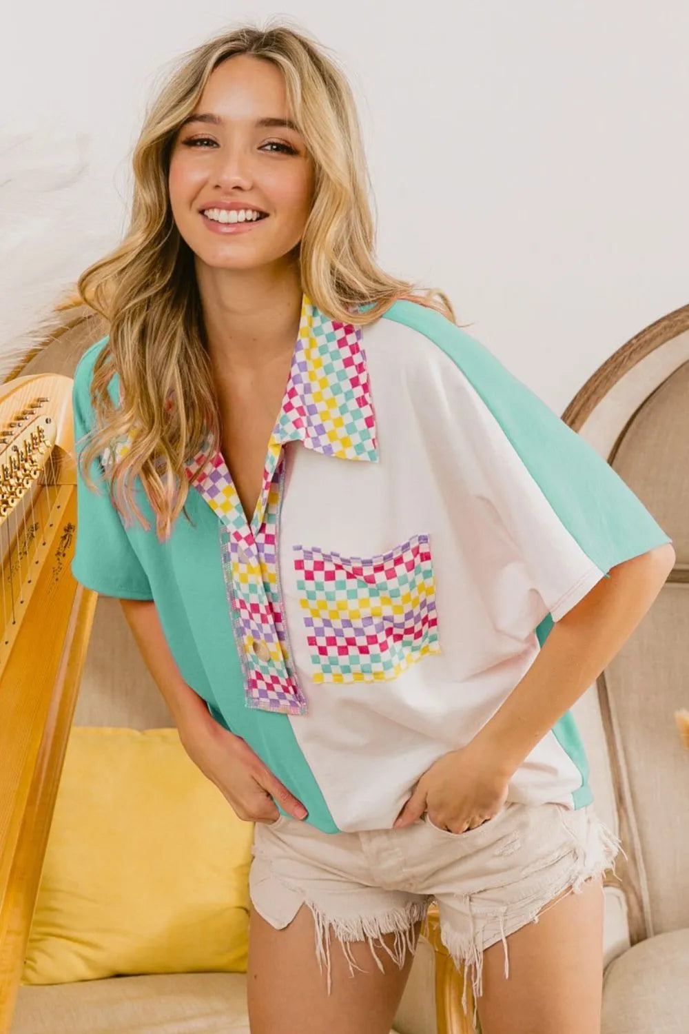 BiBi Mint Color Block Knit with Multi Checker Contrast Top MINT