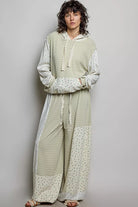 POL Sage Mixed Knit Contrast Print Sleeve Hoodie with Kangaroo Pocket