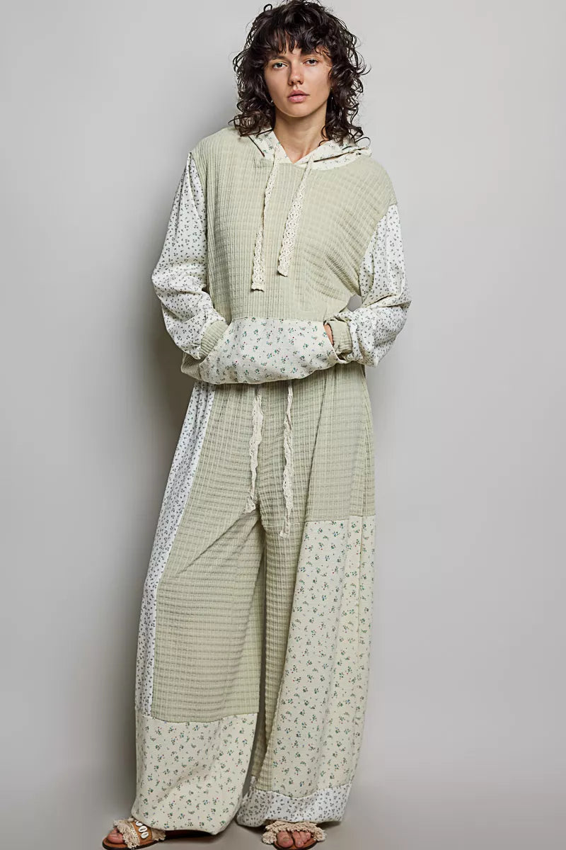 POL Sage Mixed Knit Contrast Print Sleeve Hoodie with Kangaroo Pocket