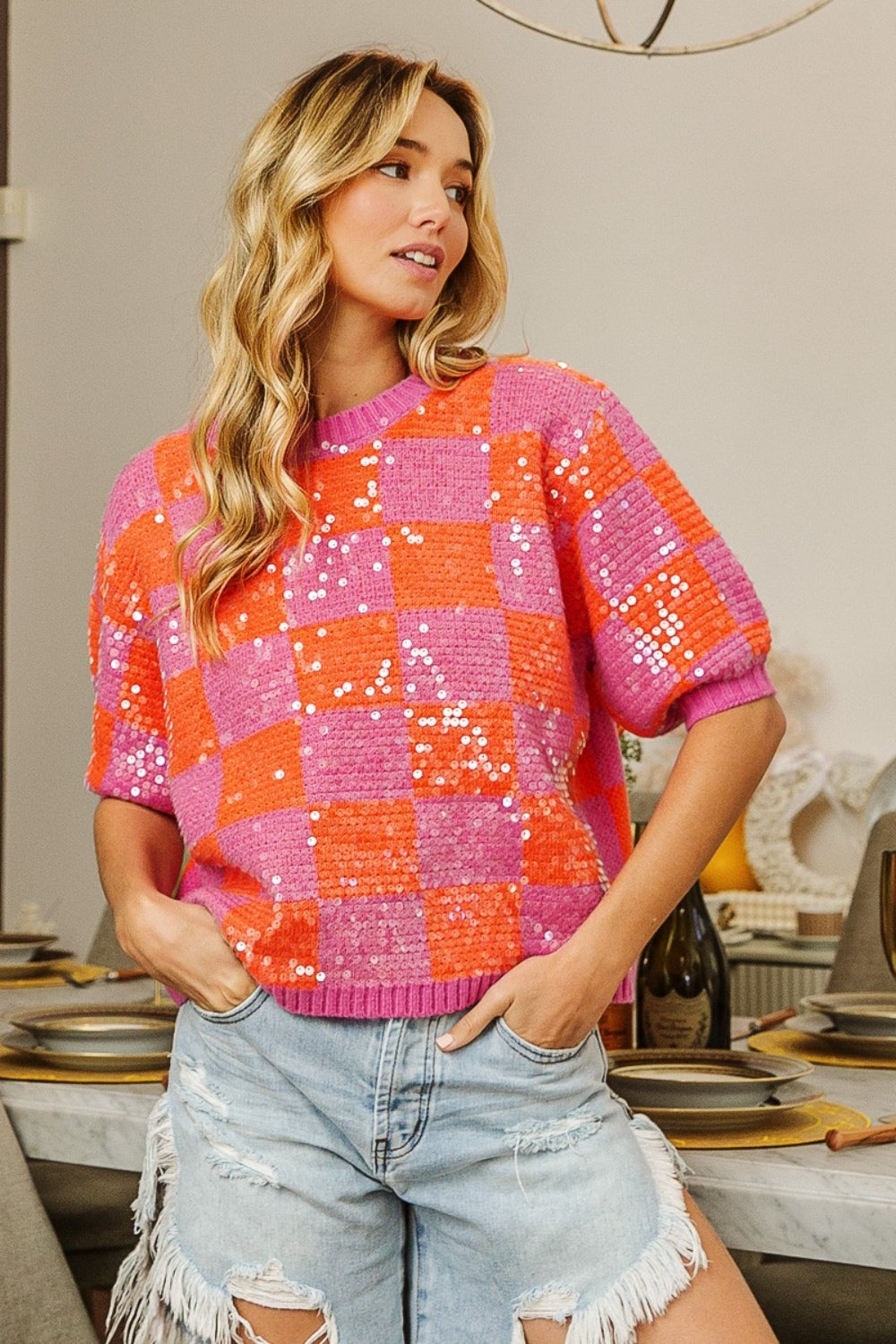 BiBi Pink & Orange Checkered Short Sleeve Sequin Sweater Trendsi