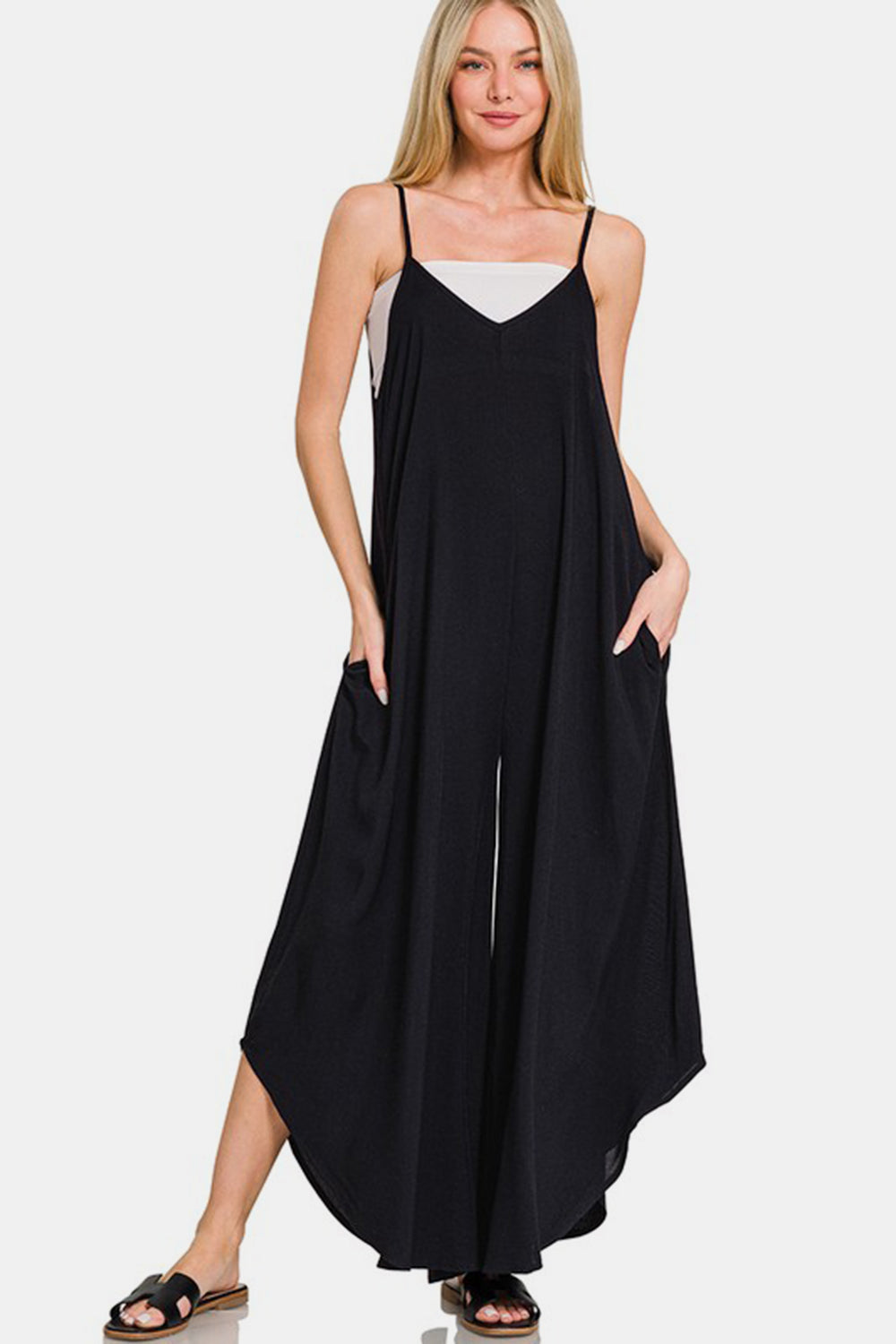 Zenana Black Spaghetti Strap Wide Leg Challis Jumper with Pockets Black Jumpsuits & Rompers