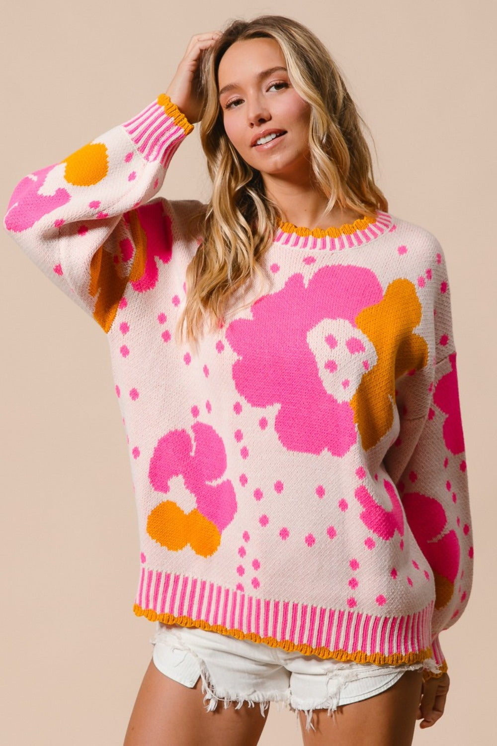 BiBi Pink Flower Pattern Contrast Sweater Pink Combo Trendsi