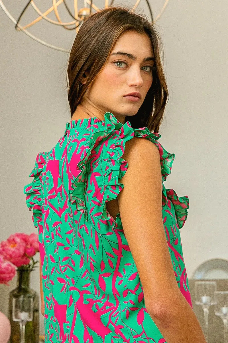 BiBi Jade & Fuchsia Leopard Leaves Print Flutter Sleeve Woven Blouse