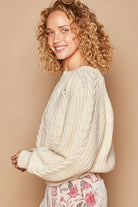 POL Cream Cable Knit Keyhole Cutout Balloon Sleeve Sweater Trendsi