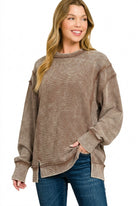 Zenana Acid Washed Double Ribbed Exposed-Seam Sweatshirt