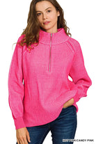 Zenana Ribbed Two-Tone Half Zip Sweater in Hot Pink/Candy Pink
